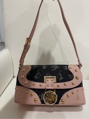 Pink Studded Shoulder Bag with Decorative Emblem